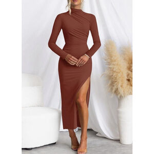 MIROL Women XL 2025 Fall Long Sleeve Maxi Dress Mock Neck Side Slit Ruched.